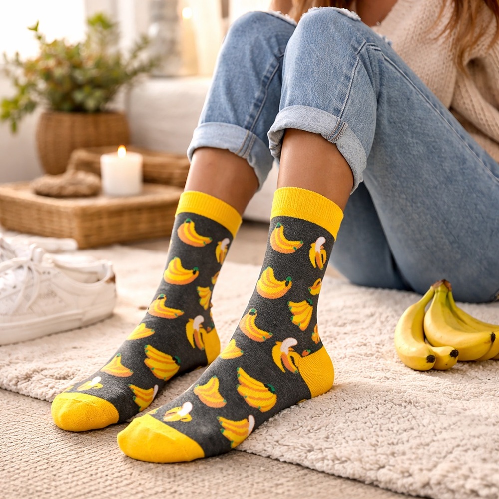 SOCKS Novelty Banana Crew Socks Gray Yellow Funny Fruit Cotton Unisex One Size